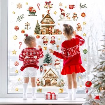 Mutlu Yılbaşı Kasabası Yeni Yıl Yılbaşı Süsü Cam Kapı Duvar Sticker Seti