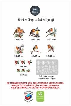 Çift Taraflı Baskılı Kış Kuşları Kokinalar Ve Kar Taneleri Yılbaşı Cam Sticker Seti Yeni Yıl Süsü