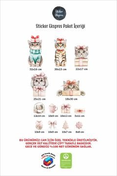 Çift Taraflı Baskılı Sevimli Kediler Yılbaşı Cam Sticker Seti Yeni Yıl Süsü
