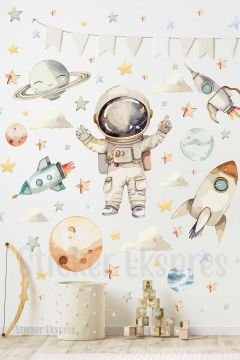 Pastel Renklerde Astronot Uzay Set Gezegen Çocuk Odası Duvar Sticker Seti