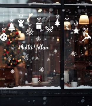 Mutlu Yıllar Yazısı Sarkıtlı Vitrin Yılbaşı Sticker Yeni Yıl Süsü Cam Sticker Seti