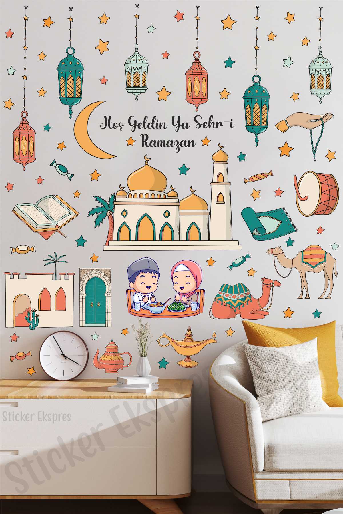 Pastel Renklerde Ramazan Duvar Cam Kapı Sticker Seti Ramazan Süsü