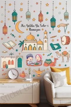 Pastel Renklerde Ramazan Duvar Cam Kapı Sticker Seti Ramazan Süsü