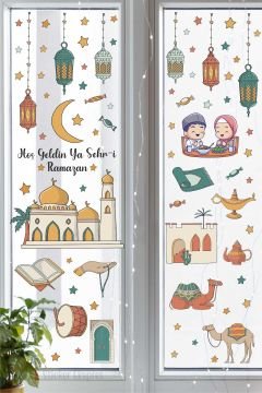 Pastel Renklerde Ramazan Duvar Cam Kapı Sticker Seti Ramazan Süsü