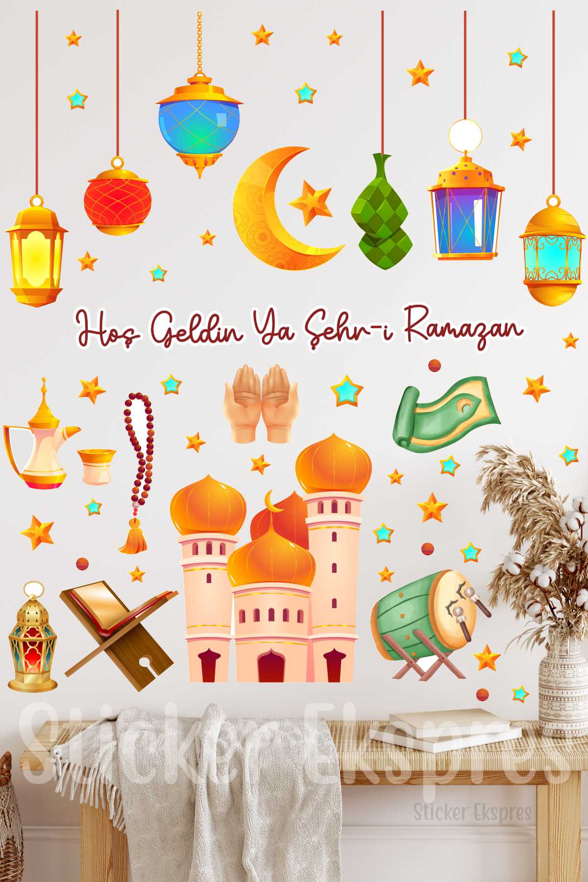 Canlı Renklerde Cami Ve Sarkıtlı Kandiller Ramazan Temalı Duvar Cam Kapı Sticker Ramazan Süsü