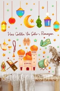 Canlı Renklerde Cami Ve Sarkıtlı Kandiller Ramazan Temalı Duvar Cam Kapı Sticker Ramazan Süsü