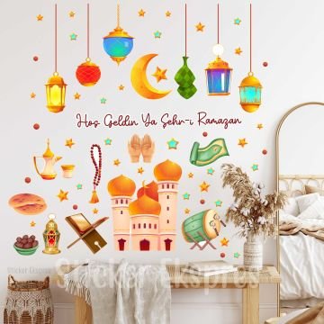 Canlı Renklerde Cami Ve Sarkıtlı Kandiller Ramazan Temalı Duvar Cam Kapı Sticker Ramazan Süsü