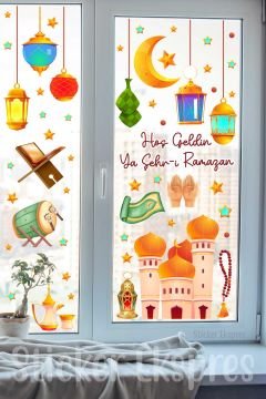 Canlı Renklerde Cami Ve Sarkıtlı Kandiller Ramazan Temalı Duvar Cam Kapı Sticker Ramazan Süsü