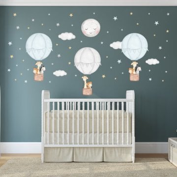 Sevimli Hayvanlı Mavi Gri Balonlar Sticker Set