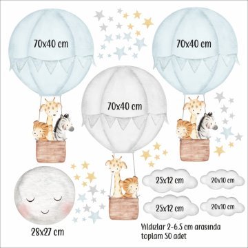 Sevimli Hayvanlı Mavi Gri Balonlar Sticker Set