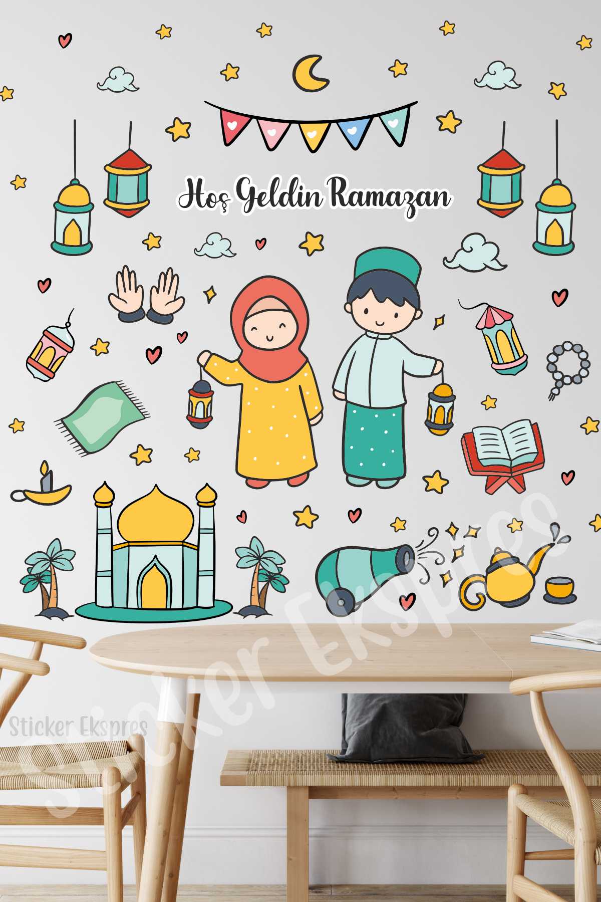 Çocukların Ramazan Karşılaması Duvar Cam Kapı Sticker Ramazan Süsleri