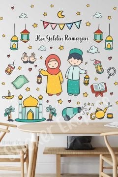 Çocukların Ramazan Karşılaması Duvar Cam Kapı Sticker Ramazan Süsleri