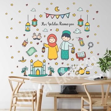 Çocukların Ramazan Karşılaması Duvar Cam Kapı Sticker Ramazan Süsleri