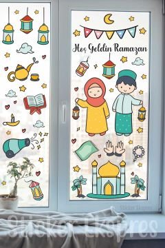 Çocukların Ramazan Karşılaması Duvar Cam Kapı Sticker Ramazan Süsleri