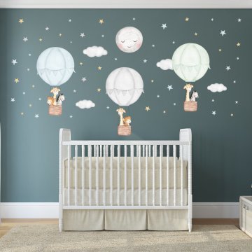Sevimli Hayvanlı Mint Mavi Gri Balonlar Sticker Set