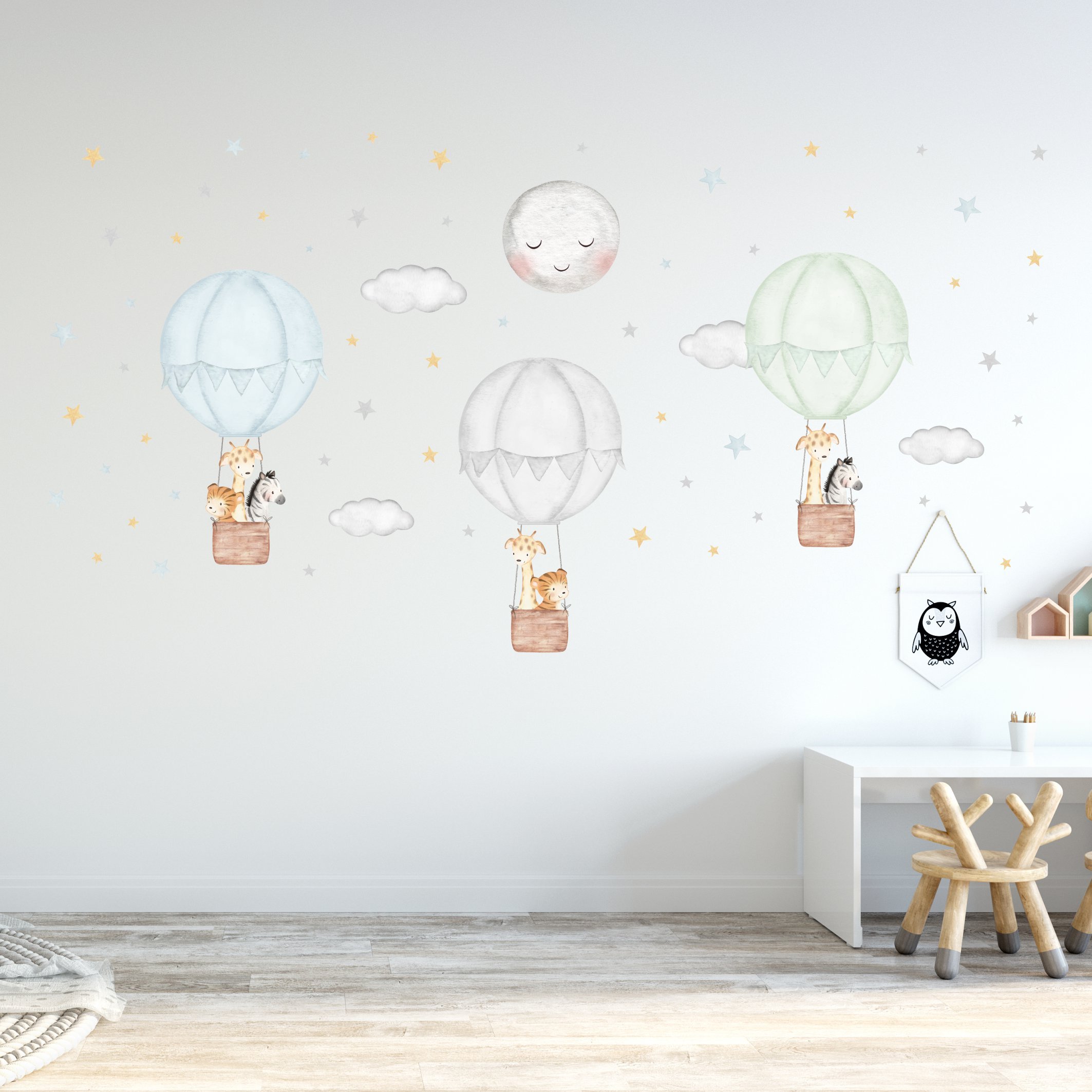 Sevimli Hayvanlı Mint Mavi Gri Balonlar Sticker Set