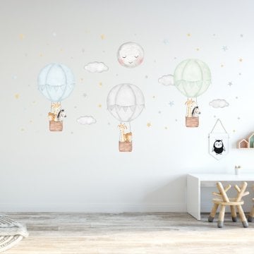 Sevimli Hayvanlı Mint Mavi Gri Balonlar Sticker Set