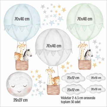 Sevimli Hayvanlı Mint Mavi Gri Balonlar Sticker Set