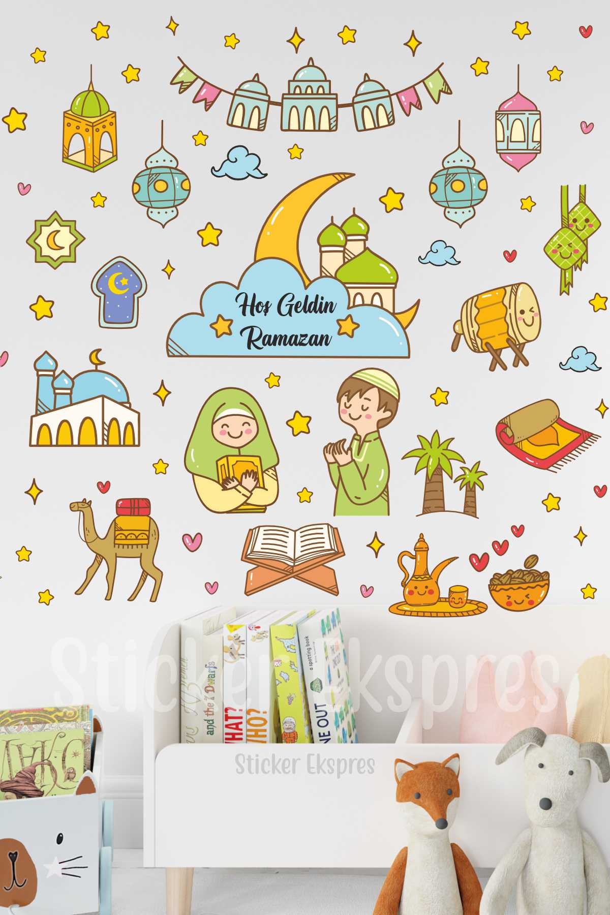 Sevimli Ramazan Figürleri Duvar Cam Kapı Sticker Seti Cami Ramazan Süsleri