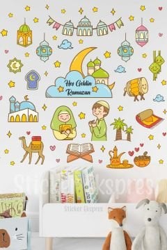 Sevimli Ramazan Figürleri Duvar Cam Kapı Sticker Seti Cami Ramazan Süsleri