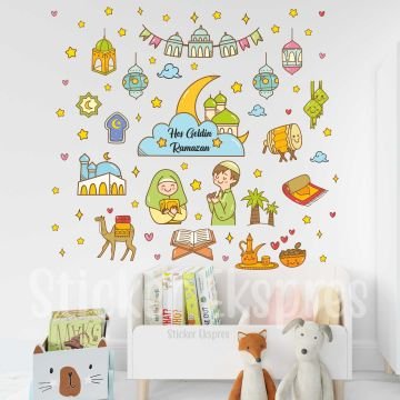 Sevimli Ramazan Figürleri Duvar Cam Kapı Sticker Seti Cami Ramazan Süsleri