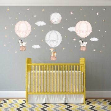 Sevimli Hayvanlı Pembe Gri Balonlar Sticker Set