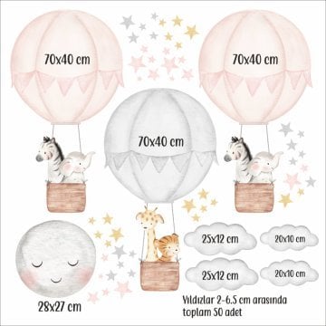 Sevimli Hayvanlı Pembe Gri Balonlar Sticker Set