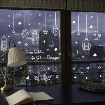 Sarkıtlı Beyaz Ramazan Fenerleri Çift Taraflı Hoşgeldin Ramazan Cam Sticker Ramazan Süsleri