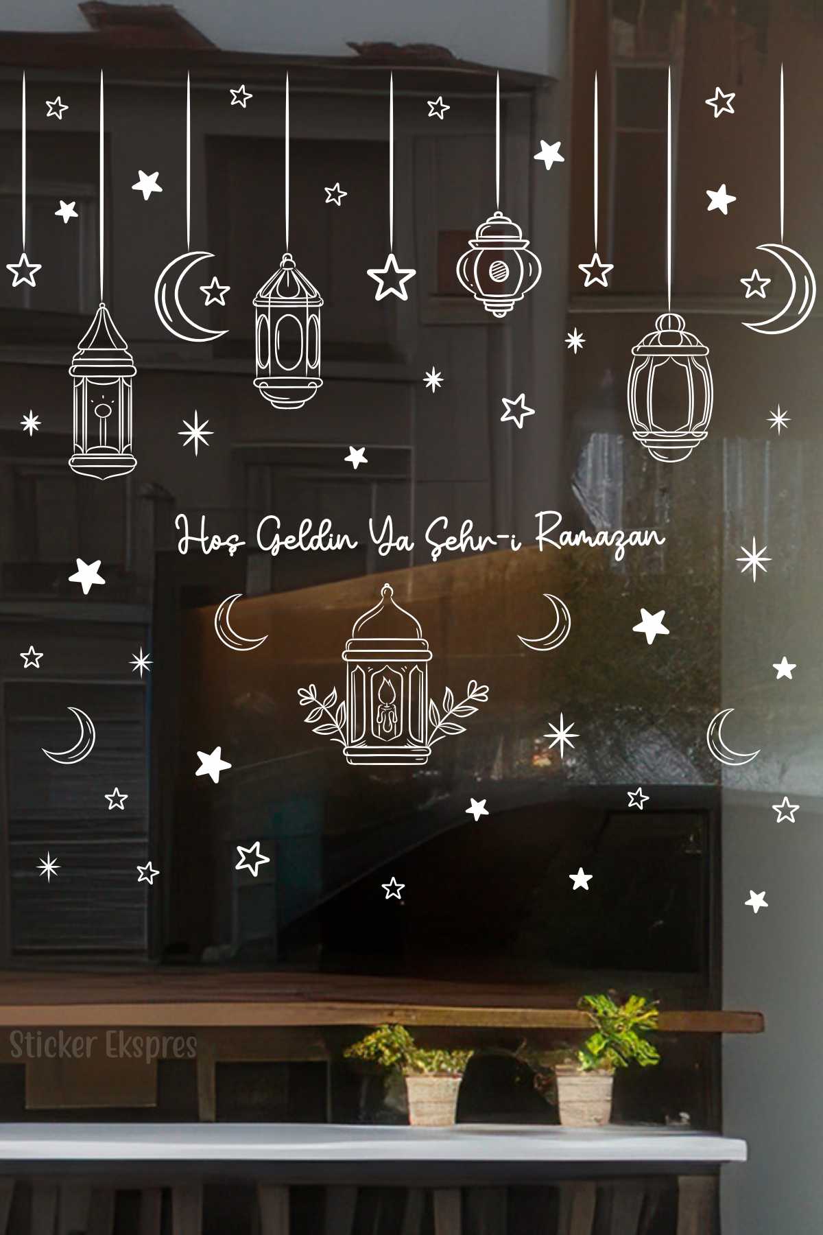 Sarkıtlı Beyaz Ramazan Fenerleri Çift Taraflı Hoşgeldin Ramazan Cam Sticker Ramazan Süsleri