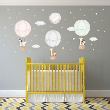 Sevimli Hayvanlı Pembe Gri Mint Balonlar Sticker Set