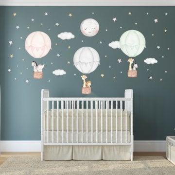 Sevimli Hayvanlı Pembe Gri Mint Balonlar Sticker Set