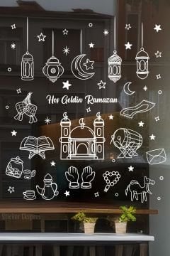 Beyaz Ramazan Figürleri Çift Taraflı Hoşgeldin Ramazan Cam Sticker Ramazan Süslemeleri
