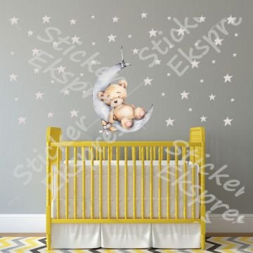 Aydede Üzerinde Uyuyan Ayıcık ve Açık Gri Yıldız Set