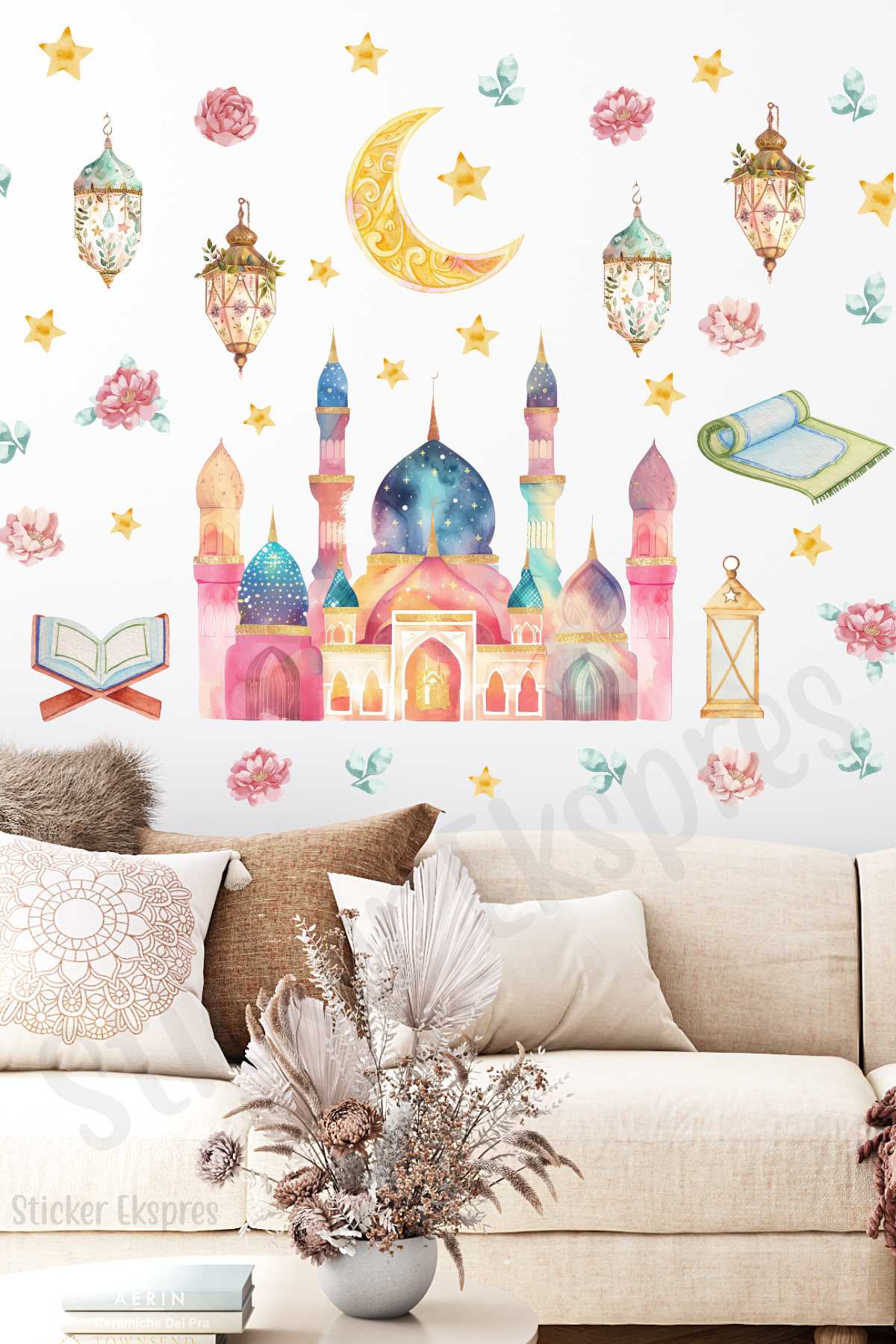 Renkli Suluboya Cami Fenerler Ve Çiçekler Duvar Cam Kapı Sticker Seti / Ramazan Süsleri