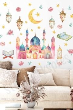 Renkli Suluboya Cami Fenerler Ve Çiçekler Duvar Cam Kapı Sticker Seti / Ramazan Süsleri