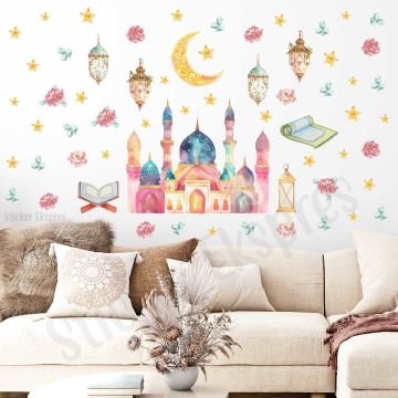 Renkli Suluboya Cami Fenerler Ve Çiçekler Duvar Cam Kapı Sticker Seti / Ramazan Süsleri
