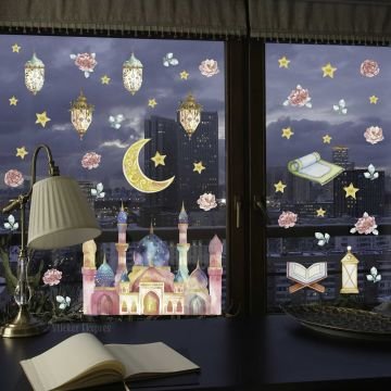 Renkli Suluboya Cami Fenerler Ve Çiçekler Duvar Cam Kapı Sticker Seti / Ramazan Süsleri