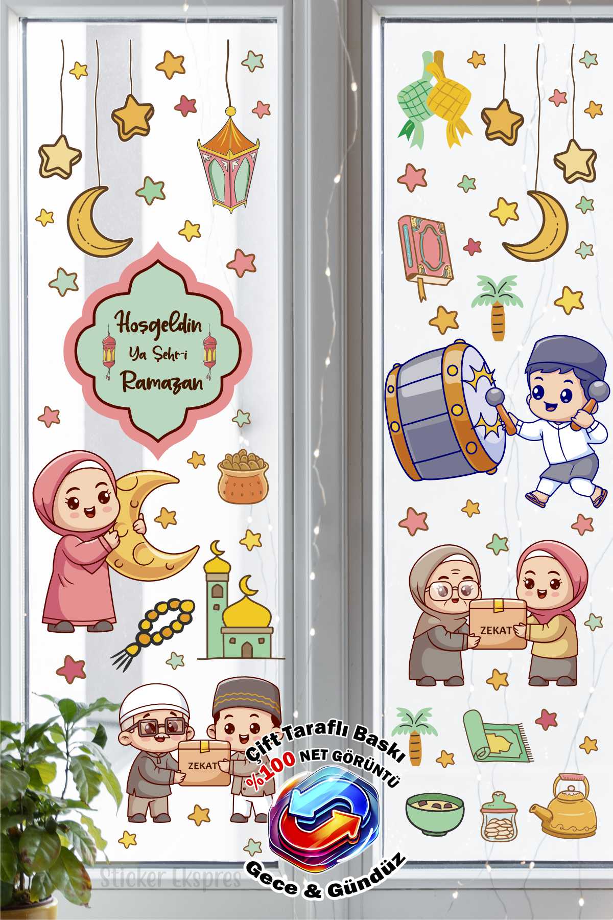 Çift Taraflı Baskılı Çocukların Ramazan Sevinci Cam Sticker Seti / Ramazan Süsleri