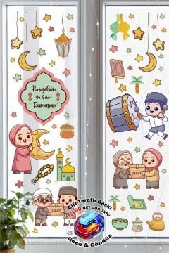 Çift Taraflı Baskılı Çocukların Ramazan Sevinci Cam Sticker Seti / Ramazan Süsleri
