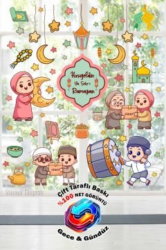 Çift Taraflı Baskılı Çocukların Ramazan Sevinci Cam Sticker Seti / Ramazan Süsleri