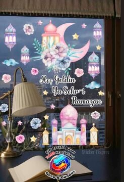 Çift Taraflı Baskılı Renkli Cami Fenerler Ve Çiçekler Ramazan Cam Sticker Seti / Ramazan Süsleri