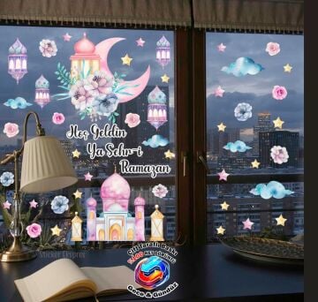 Çift Taraflı Baskılı Renkli Cami Fenerler Ve Çiçekler Ramazan Cam Sticker Seti / Ramazan Süsleri