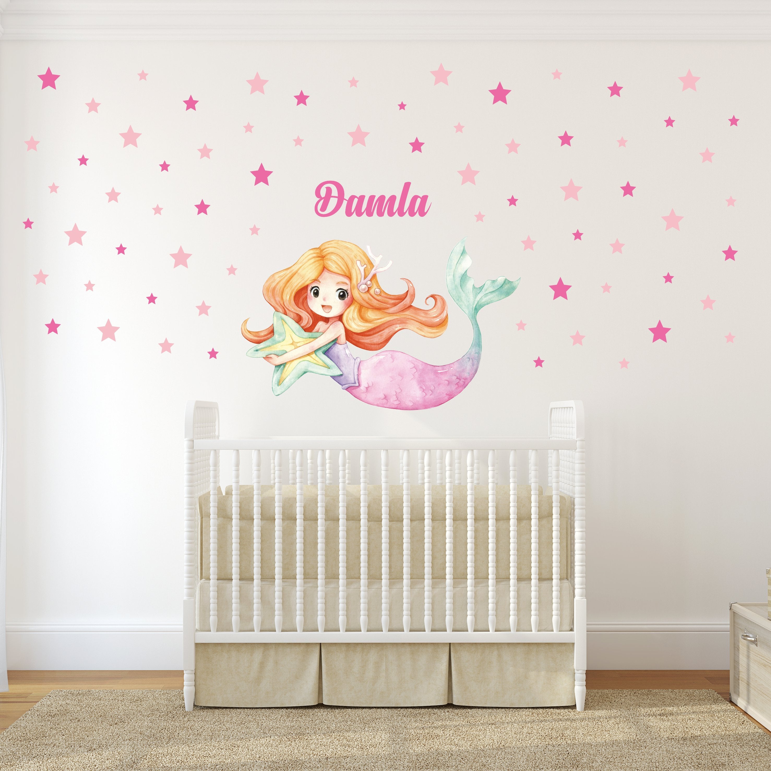 İsme Özel Deniz Kızı ve Yıldız Sticker Set Koyu-Açık Pembe