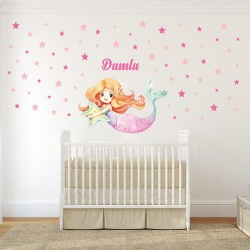 İsme Özel Deniz Kızı ve Yıldız Sticker Set Koyu-Açık Pembe
