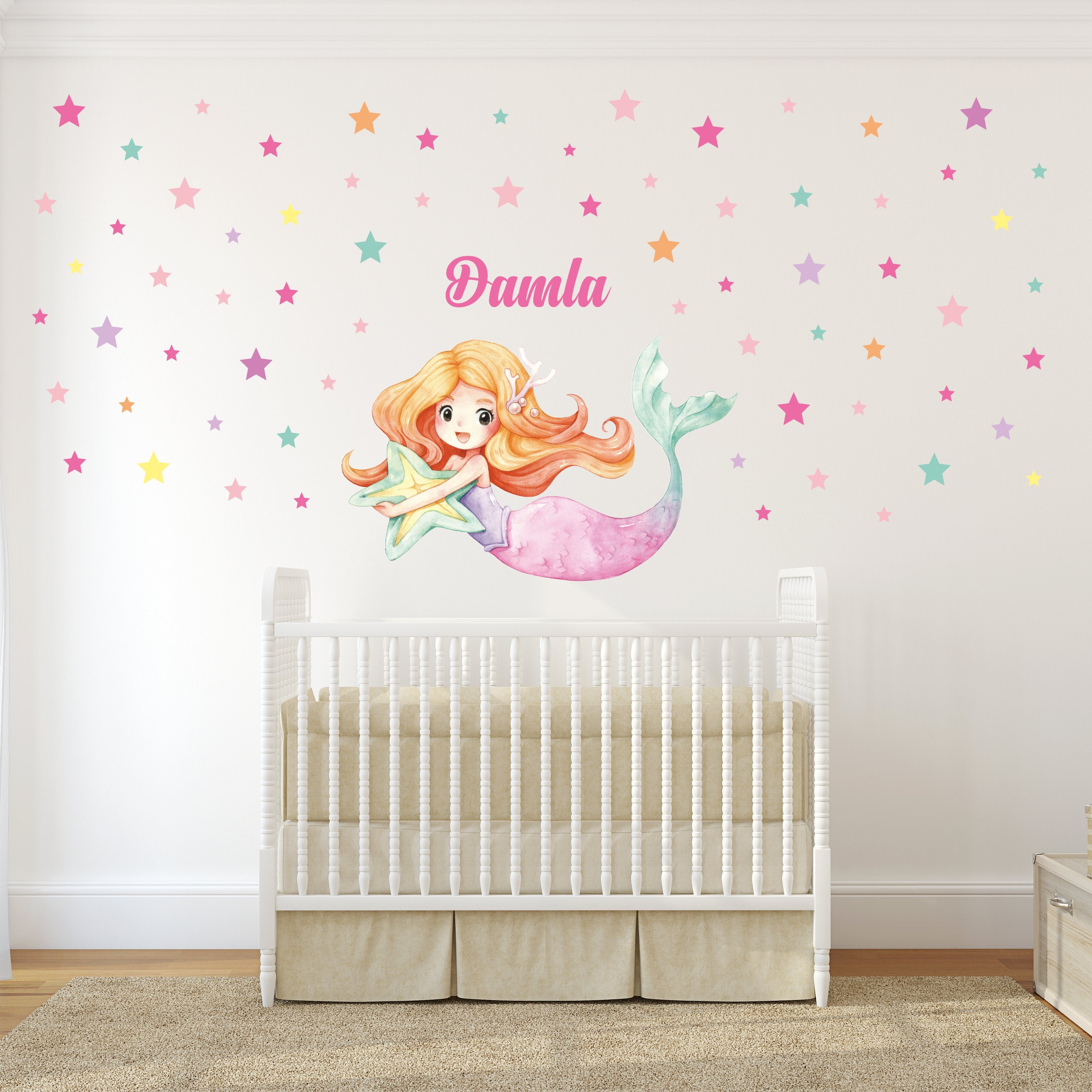 İsme Özel Deniz Kızı ve Yıldız Sticker Set Rengarenk