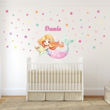İsme Özel Deniz Kızı ve Yıldız Sticker Set Rengarenk