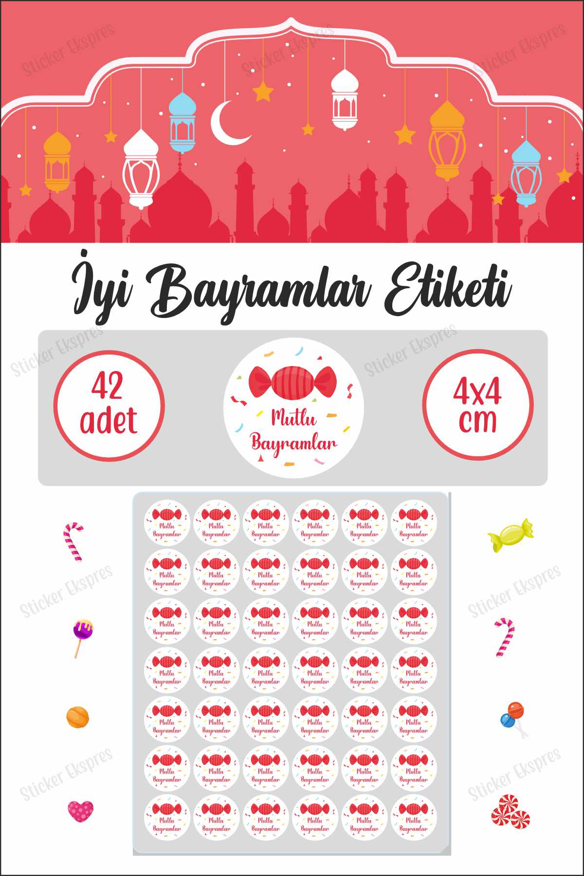 Kırmızı Şekerli İyi Bayramlar Etiketi Ramazan Bayramı Kurban Bayramı Sticker Suya Dayanıklı
