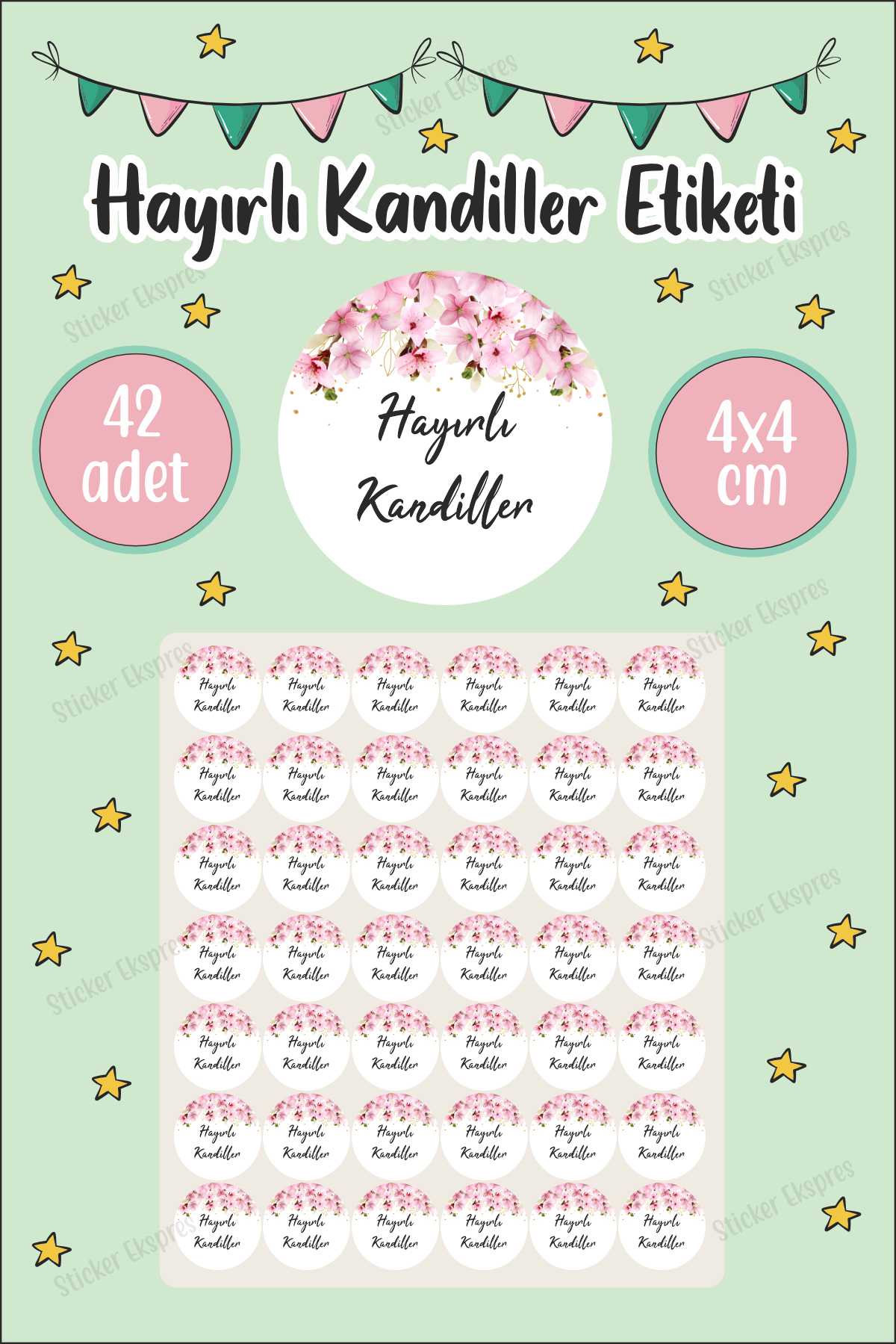 Pembe Çiçekli Ve Siyah Yazılı Hayırlı Kandiller Etiketi Mübarek Günler Kandil Sticker