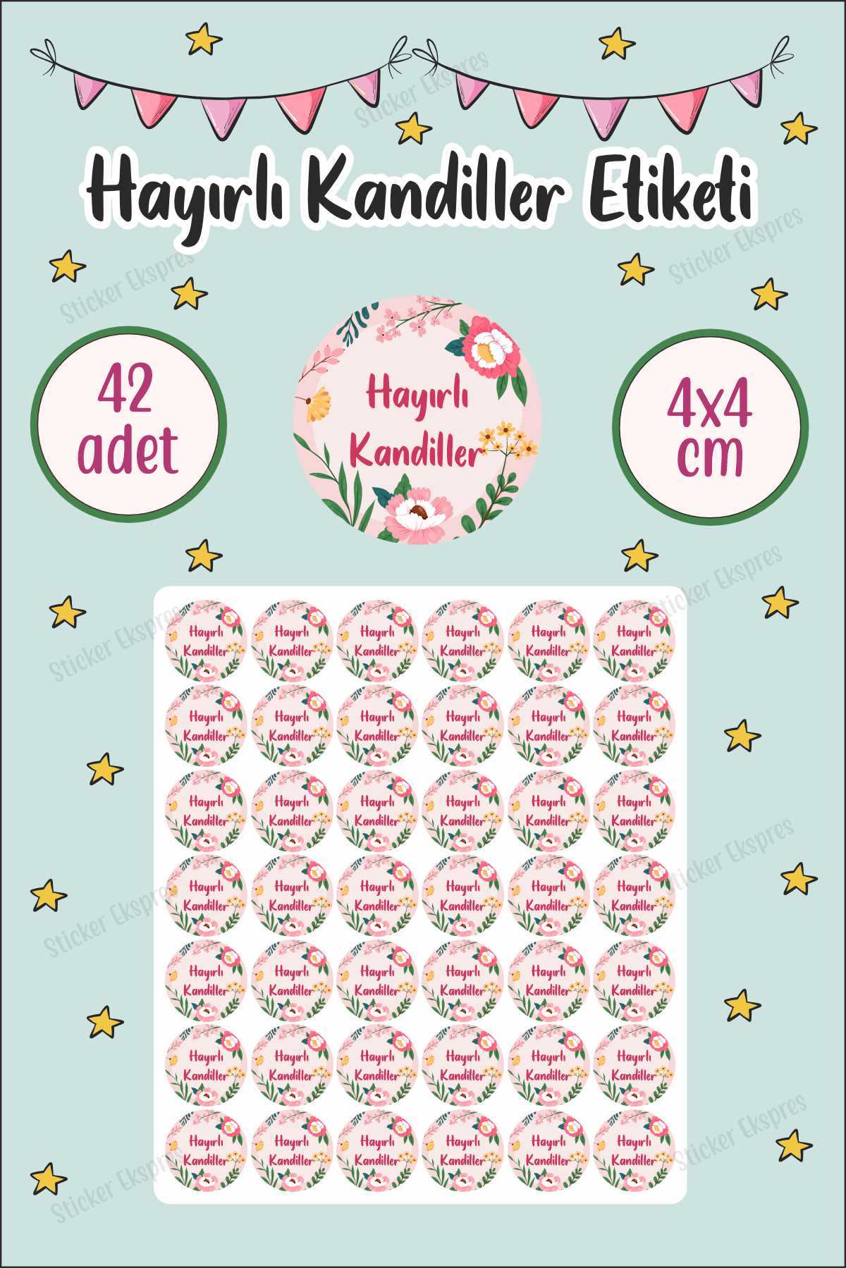 Renkli Çiçekli Hayırlı Kandiller Etiketi Mübarek Günler Kandil Sticker