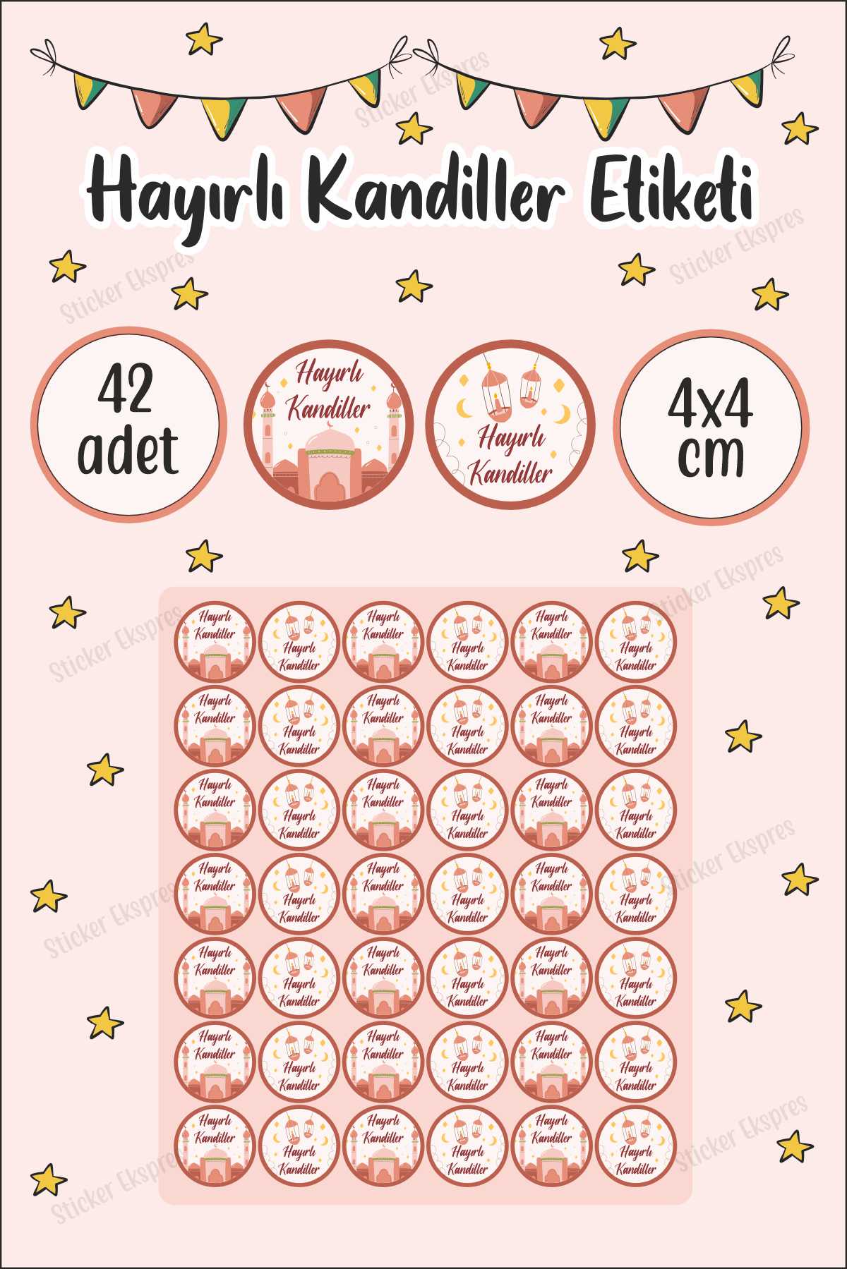 Somon Ve Soft Pembe Renklerde Hayırlı Kandiller Etiketi Mübarek Günler Kandil Sticker
